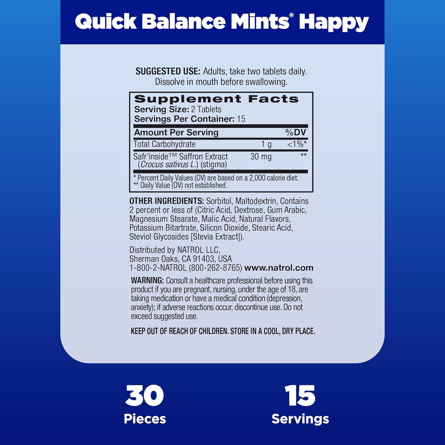 Natrol Quick Balance Happy Mints - 30 Mints, Stress Relief Supplement for Occasional Use, 15 Day Supply