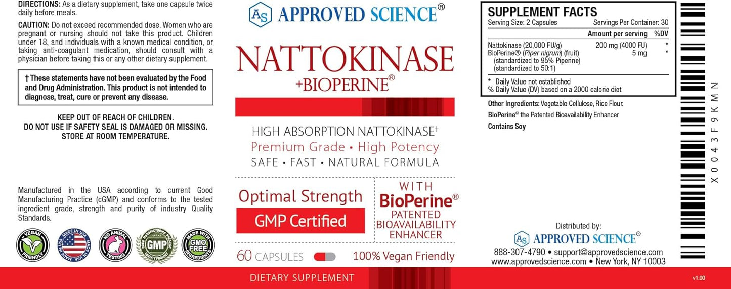Nattokinase Supplement 4000 FU - 200mg with BioPerine - Vegan, Non-GMO - 60 Capsules - Vitamin K2 Free - One Month Supply