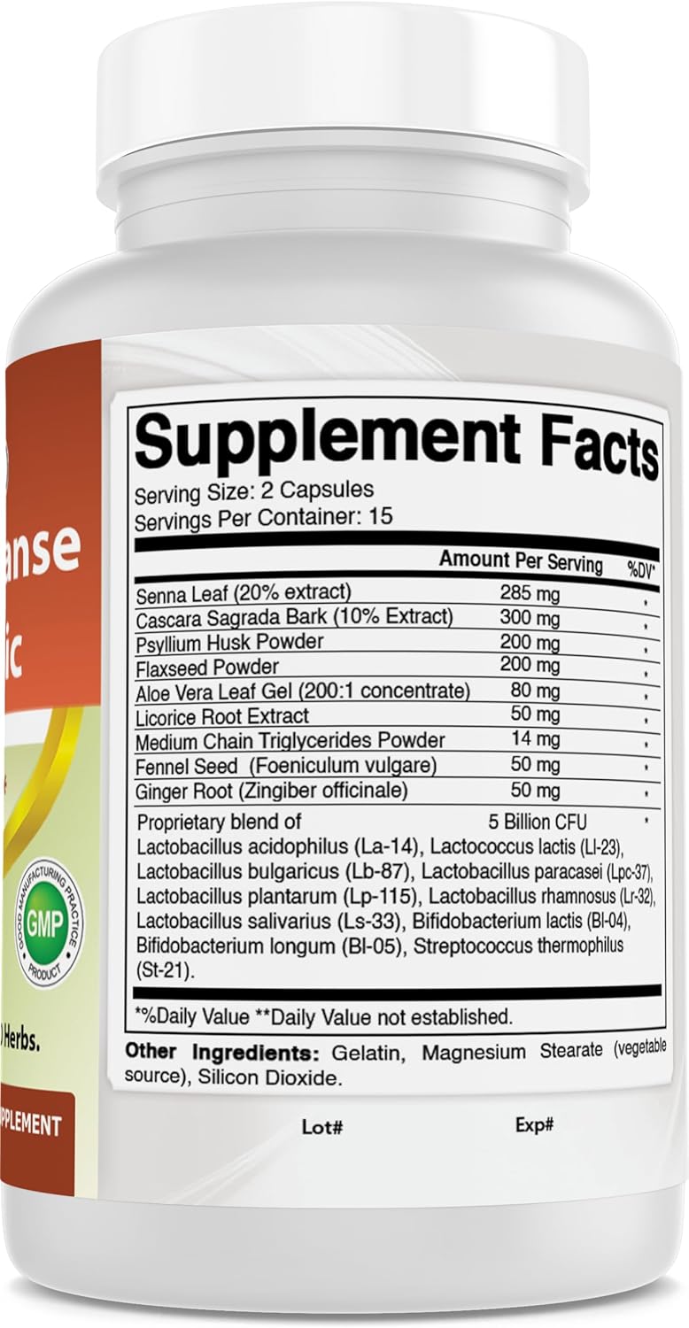 Natural 15-Day Gut and Colon Cleanse with Probiotics - Senna, Cascara Sagrada, and Psyllium Husk - 30 Capsules - Non-GMO and Gluten-Free - Ideal for Men and Women