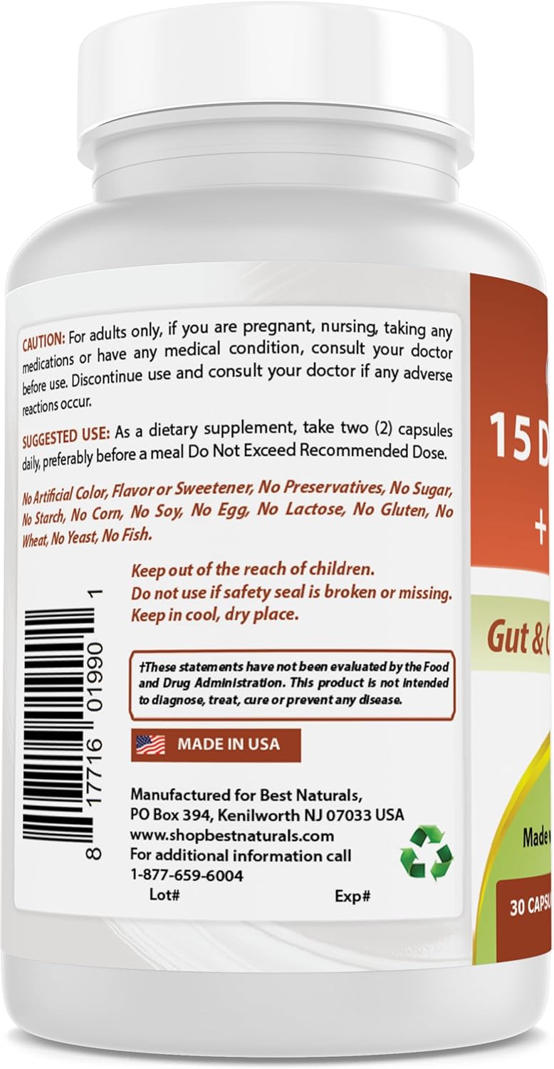 Natural 15-Day Gut and Colon Cleanse with Probiotics - Senna, Cascara Sagrada, and Psyllium Husk - 30 Capsules - Non-GMO and Gluten-Free - Ideal for Men and Women