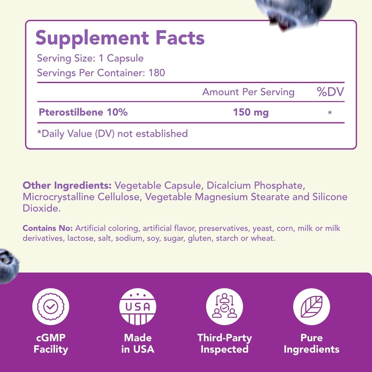 Natural 150mg Pterostilbene Antioxidant Supplement - Supports Healthy Aging, Immune System, Heart, Skin, and Brain - Non-GMO, Made in USA - 180 Servings