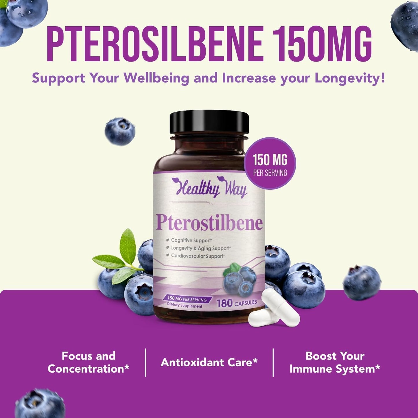 Natural 150mg Pterostilbene Antioxidant Supplement - Supports Healthy Aging, Immune System, Heart, Skin, and Brain - Non-GMO, Made in USA - 180 Servings