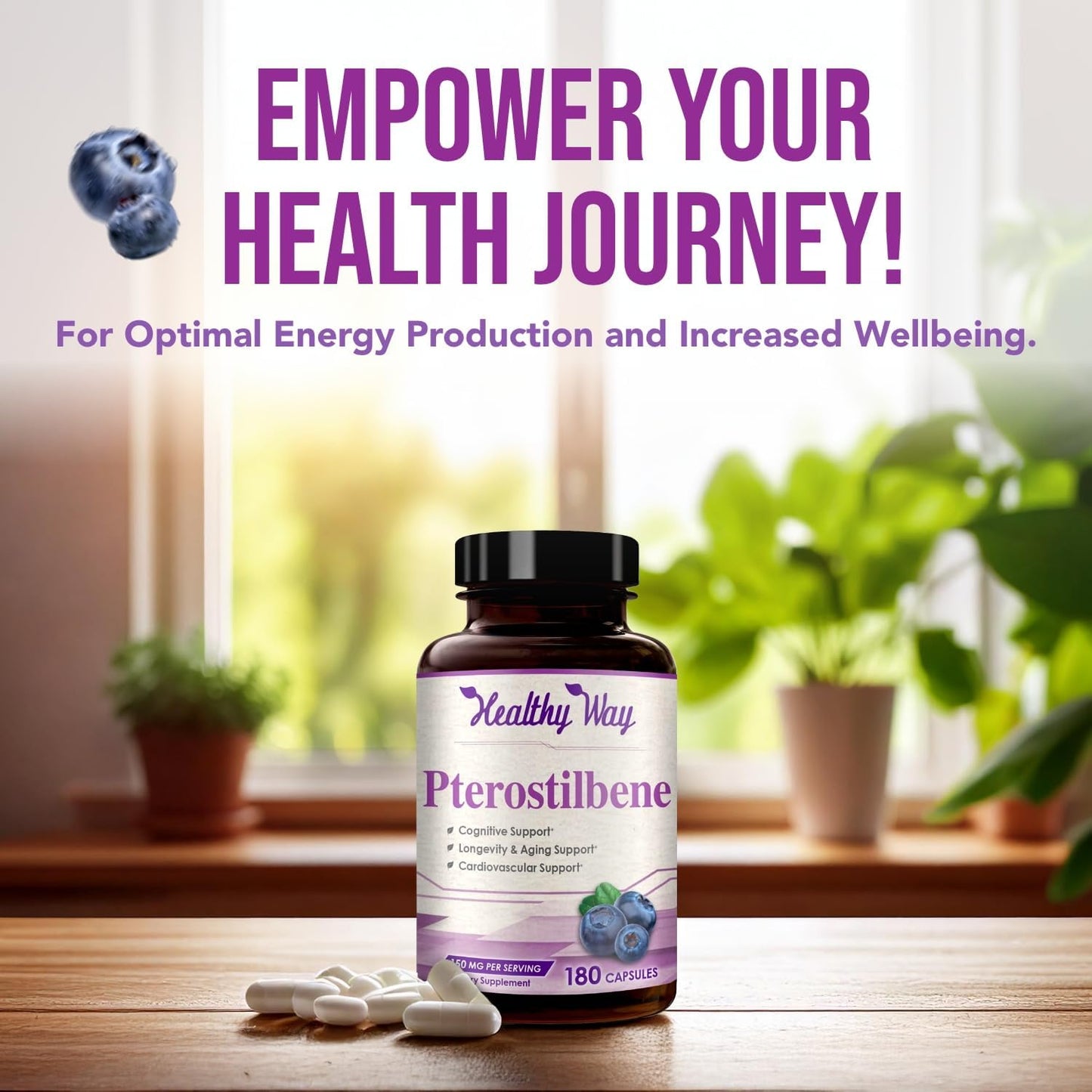 Natural 150mg Pterostilbene Antioxidant Supplement - Supports Healthy Aging, Immune System, Heart, Skin, and Brain - Non-GMO, Made in USA - 180 Servings