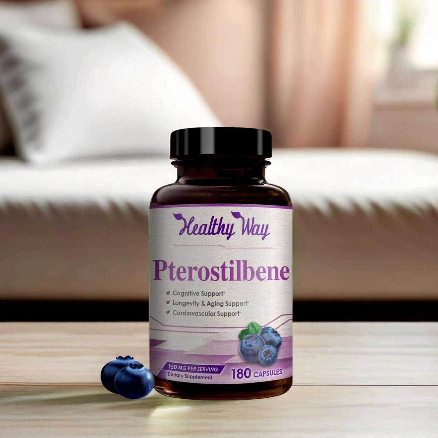 Natural 150mg Pterostilbene Antioxidant Supplement - Supports Healthy Aging, Immune System, Heart, Skin, and Brain - Non-GMO, Made in USA - 180 Servings