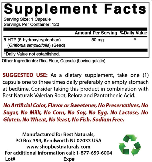 Natural 5-HTP and Magnesium Glycinate Supplement - 50 mg & 425 mg for Mood and Relaxation