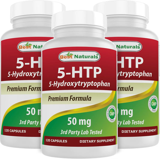 Natural 5-HTP Capsules 50 mg for Relaxation & Sleep Support - 120 Capsules x3 Pack