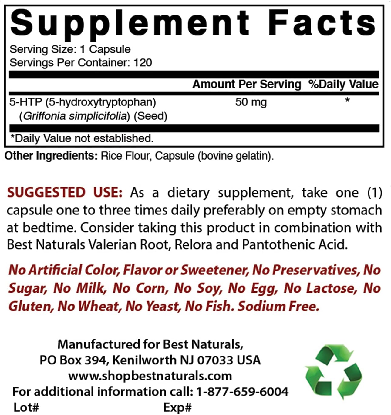 Natural 5-HTP Capsules 50 mg for Relaxation & Sleep Support - 120 Capsules x3 Pack