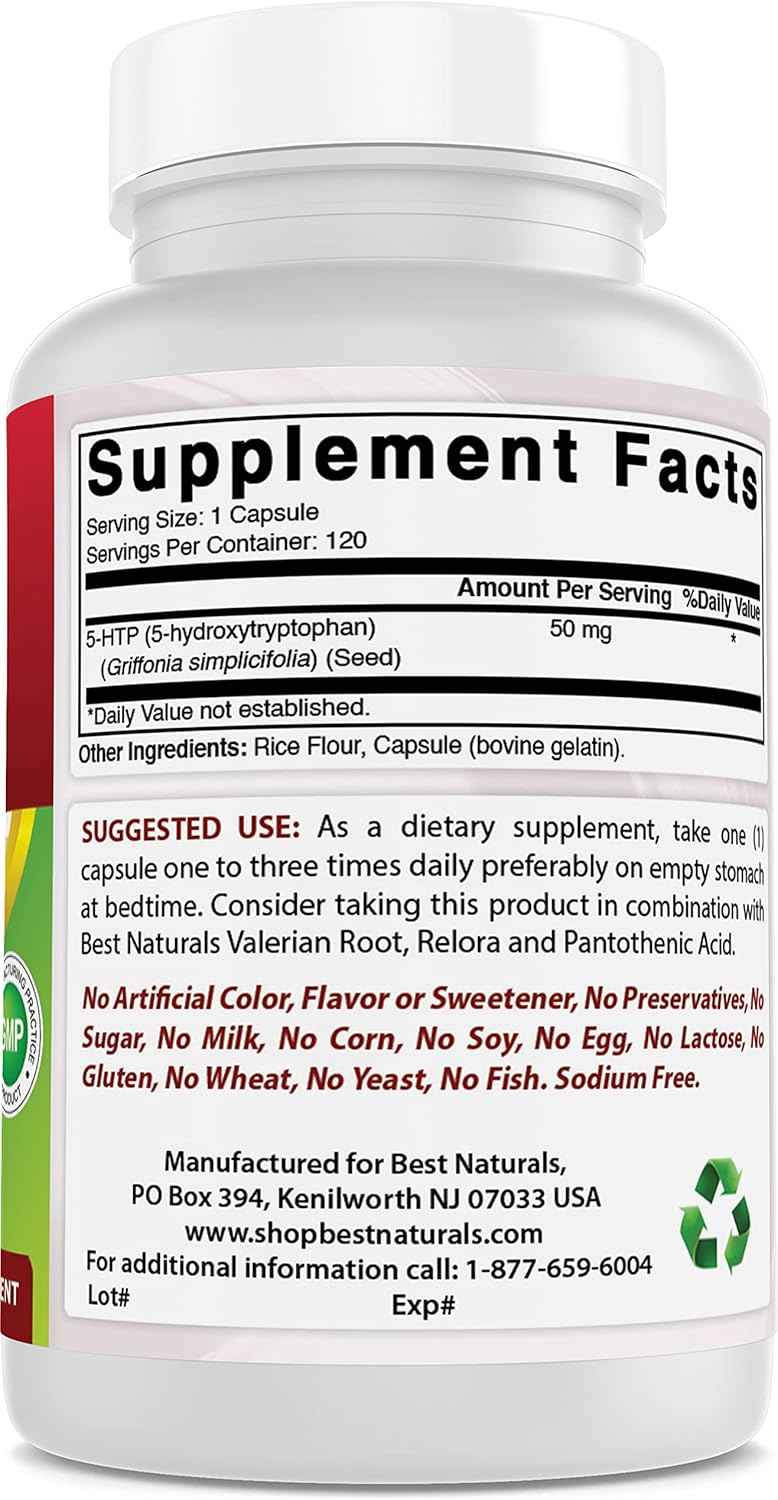 Natural 5-HTP Capsules 50 mg for Relaxation & Sleep Support - 120 Capsules x3 Pack