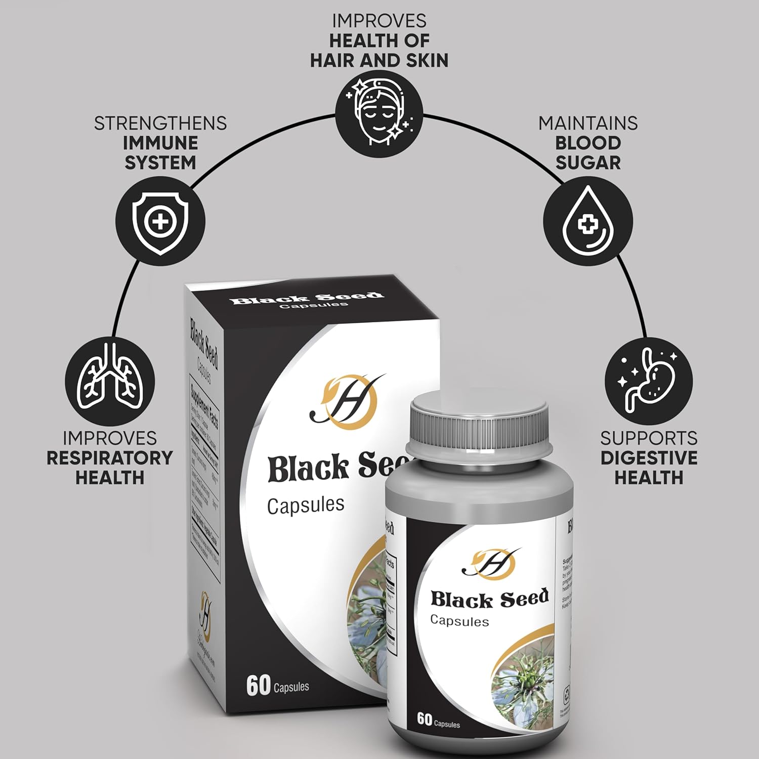 Natural 500mg Black Seed Capsules - 60 Count for Joint, Immune, and Cognitive Support - HERBOGANIC