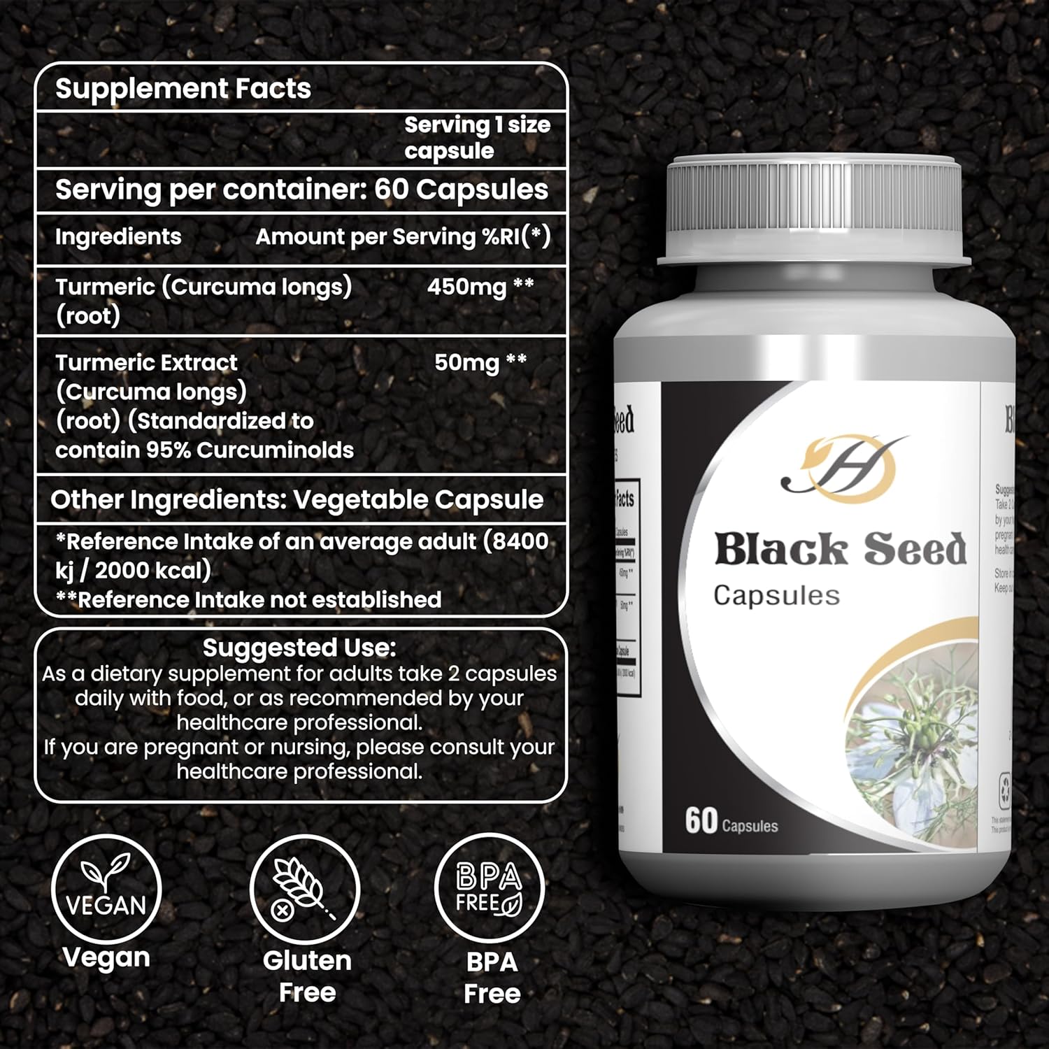Natural 500mg Black Seed Capsules - 60 Count for Joint, Immune, and Cognitive Support - HERBOGANIC