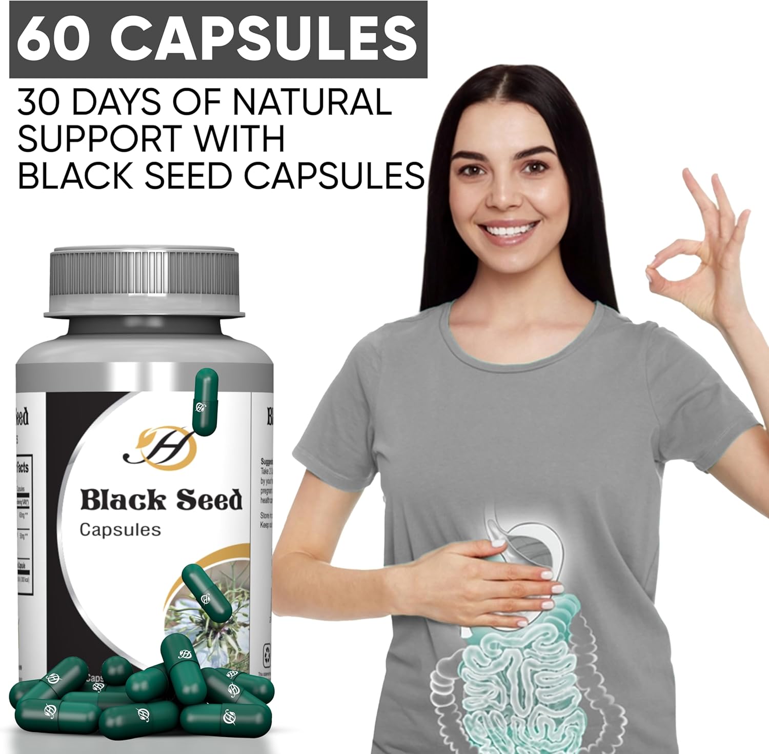 Natural 500mg Black Seed Capsules - 60 Count for Joint, Immune, and Cognitive Support - HERBOGANIC