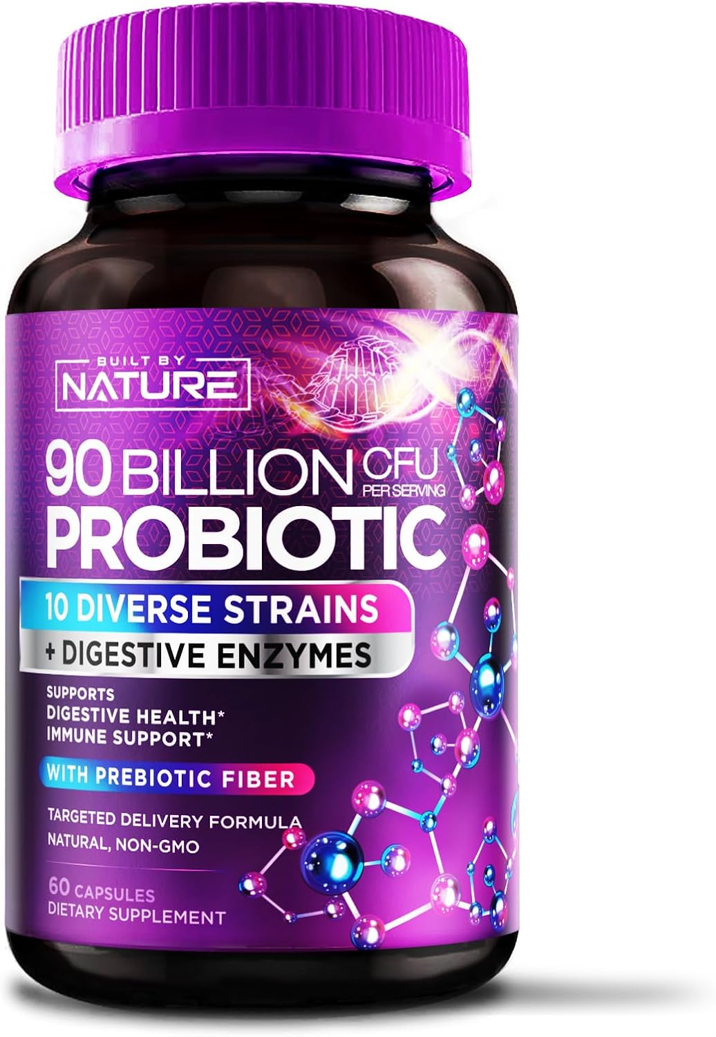 Natural 90 Billion CFU Probiotic Capsules for Digestive Health - Men & Women - Lactobacillus, Bifidobacterium, Prebiotics - Non-GMO, Gluten & Dairy Free - 60 Count