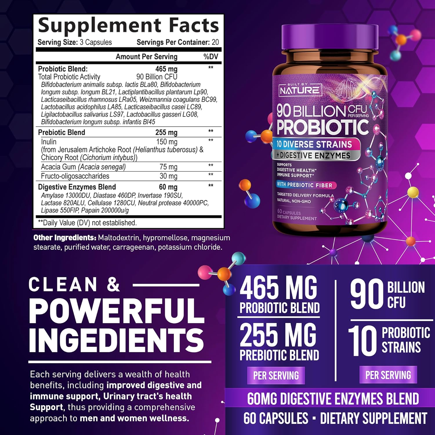 Natural 90 Billion CFU Probiotic Capsules for Digestive Health - Men & Women - Lactobacillus, Bifidobacterium, Prebiotics - Non-GMO, Gluten & Dairy Free - 60 Count