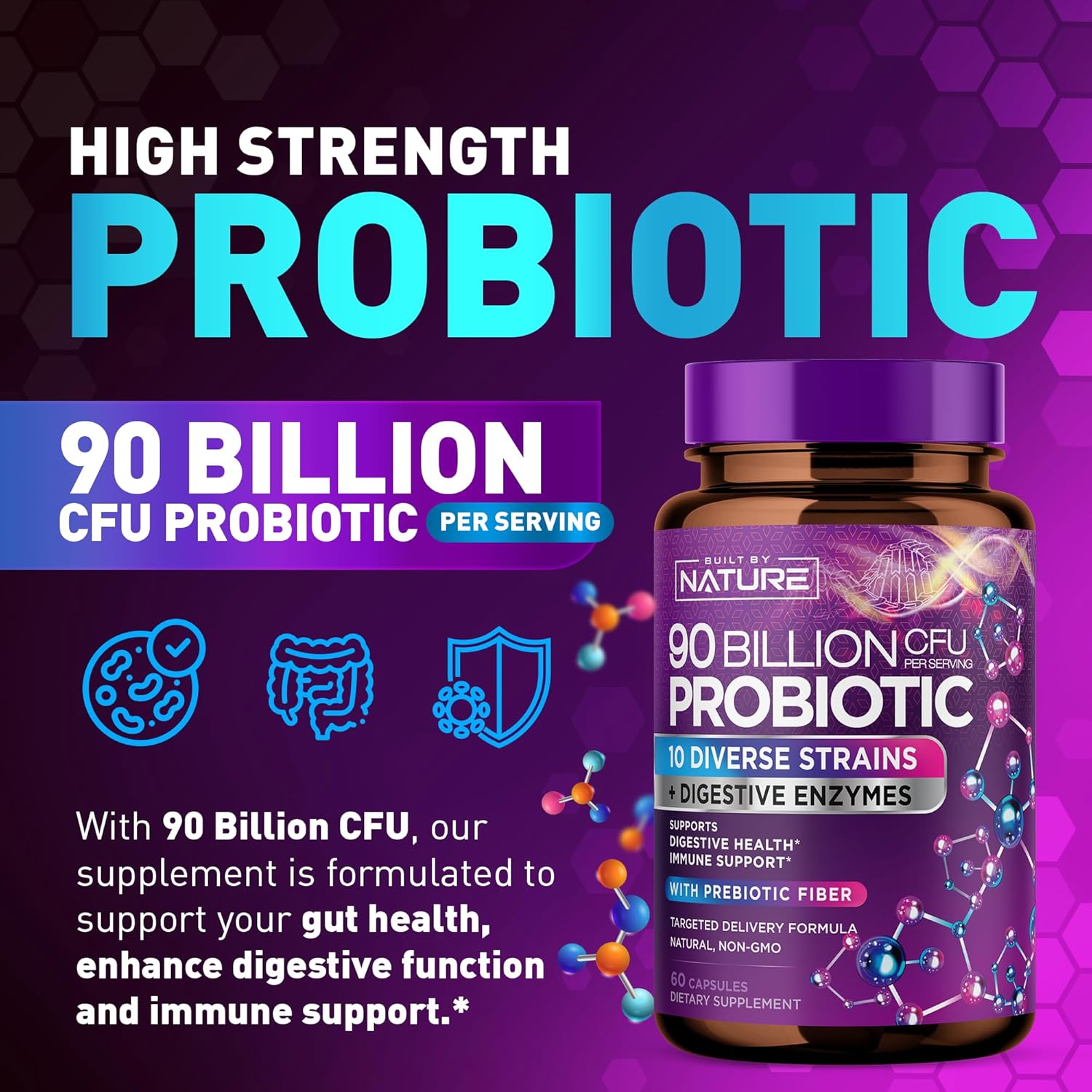 Natural 90 Billion CFU Probiotic Capsules for Digestive Health - Men & Women - Lactobacillus, Bifidobacterium, Prebiotics - Non-GMO, Gluten & Dairy Free - 60 Count