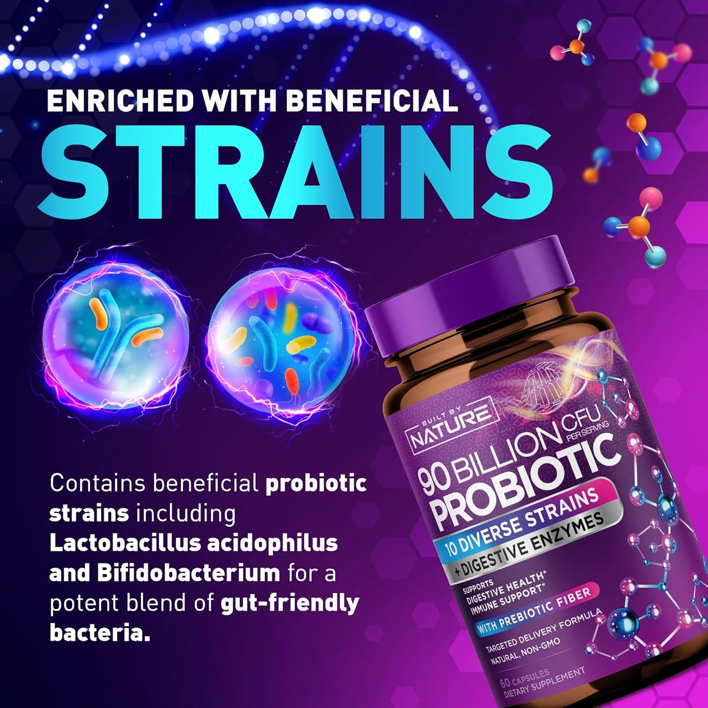 Natural 90 Billion CFU Probiotic Capsules for Digestive Health - Men & Women - Lactobacillus, Bifidobacterium, Prebiotics - Non-GMO, Gluten & Dairy Free - 60 Count