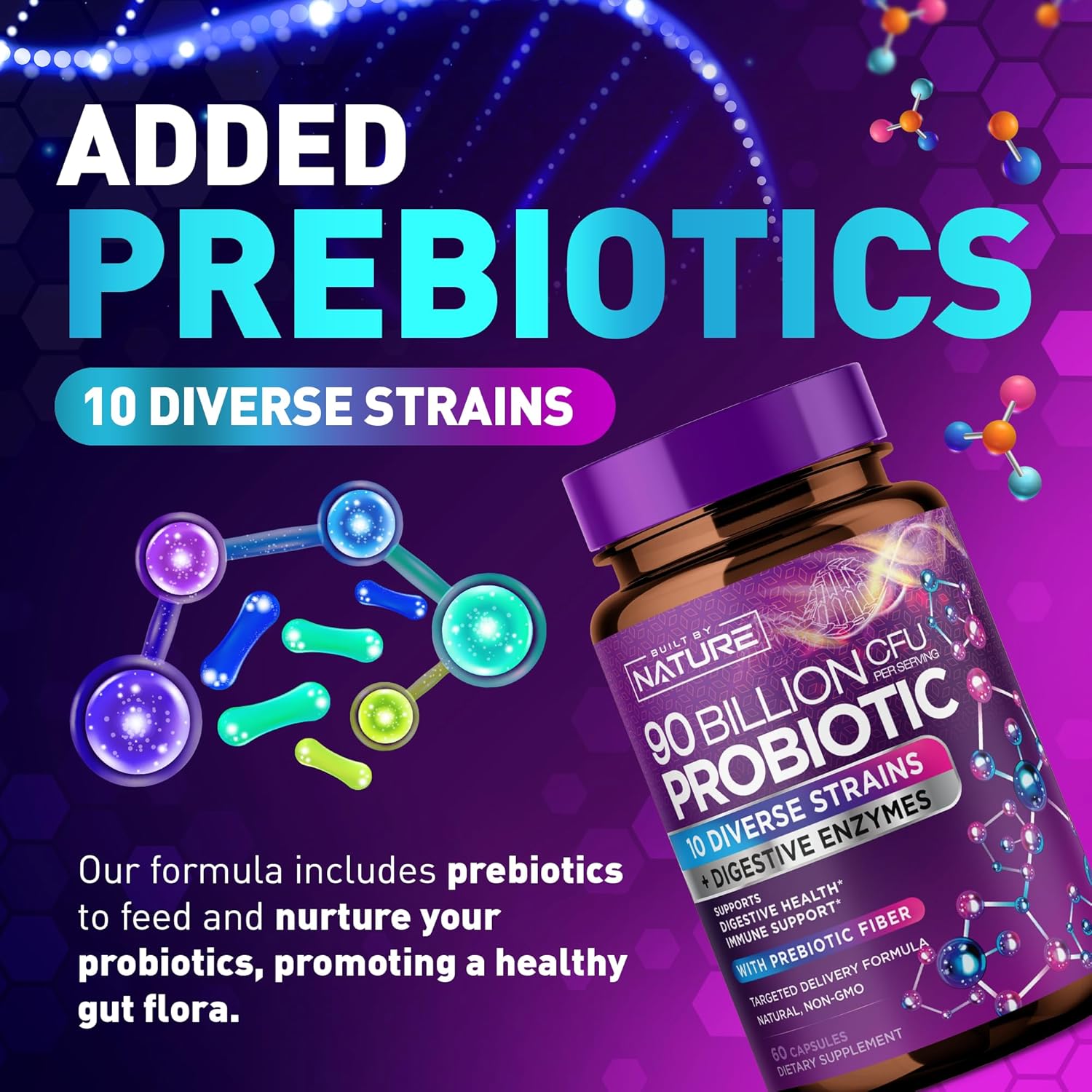 Natural 90 Billion CFU Probiotic Capsules for Digestive Health - Men & Women - Lactobacillus, Bifidobacterium, Prebiotics - Non-GMO, Gluten & Dairy Free - 60 Count