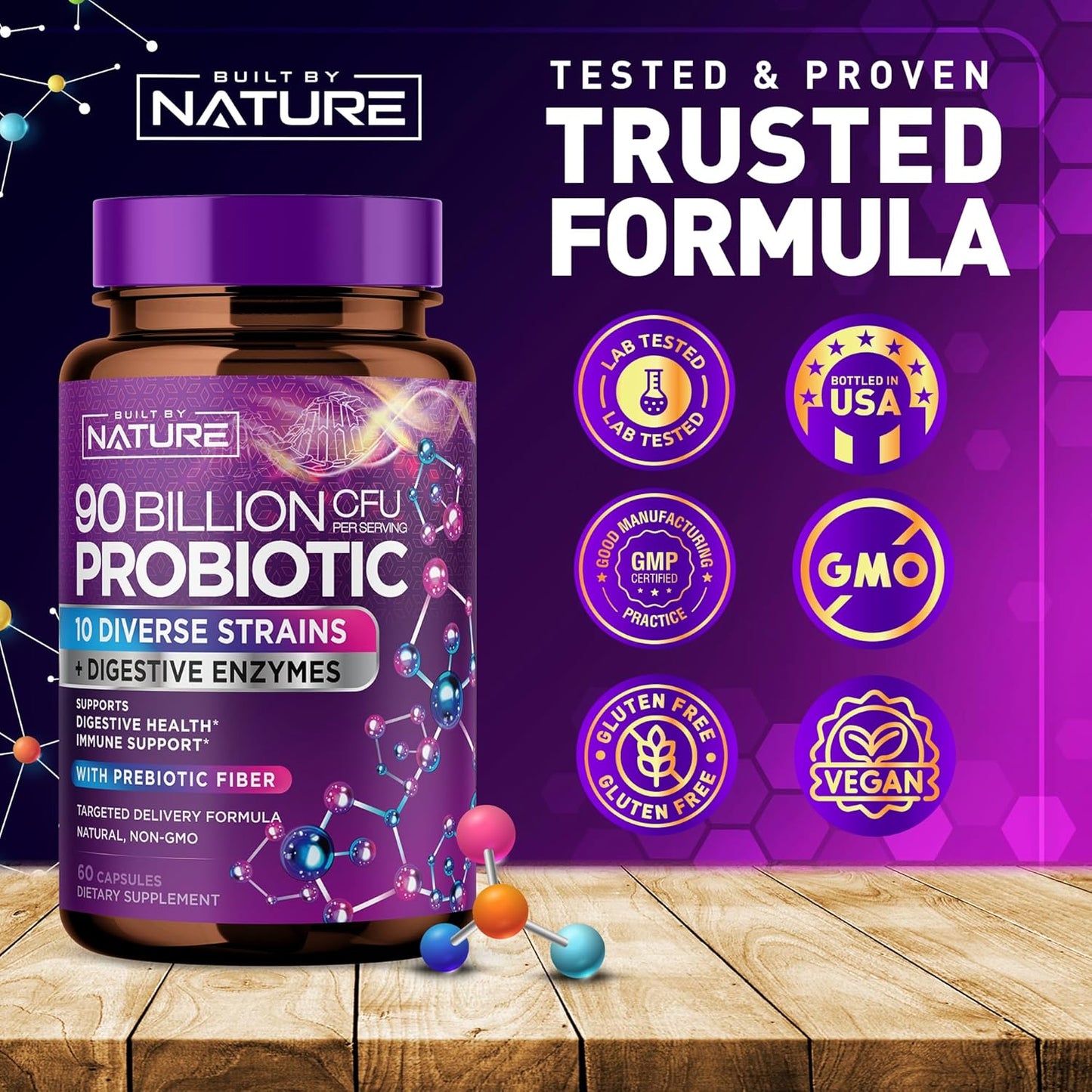 Natural 90 Billion CFU Probiotic Capsules for Digestive Health - Men & Women - Lactobacillus, Bifidobacterium, Prebiotics - Non-GMO, Gluten & Dairy Free - 60 Count
