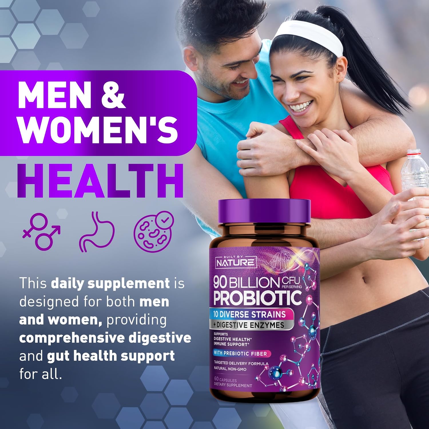 Natural 90 Billion CFU Probiotic Capsules for Digestive Health - Men & Women - Lactobacillus, Bifidobacterium, Prebiotics - Non-GMO, Gluten & Dairy Free - 60 Count