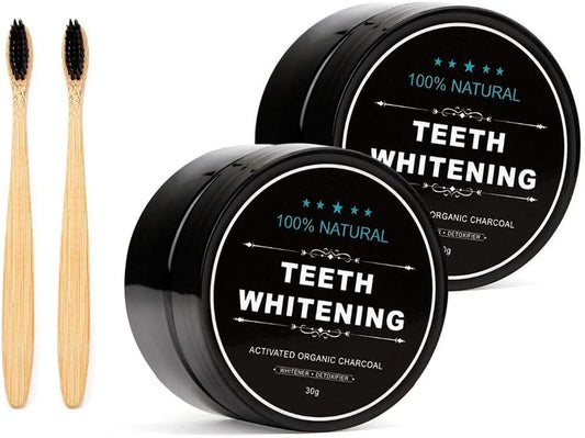 Natural Activated Charcoal Teeth Whitening Powder Duo with Bamboo Brush - Set of 2 for Oral Care by WUBLSYAN