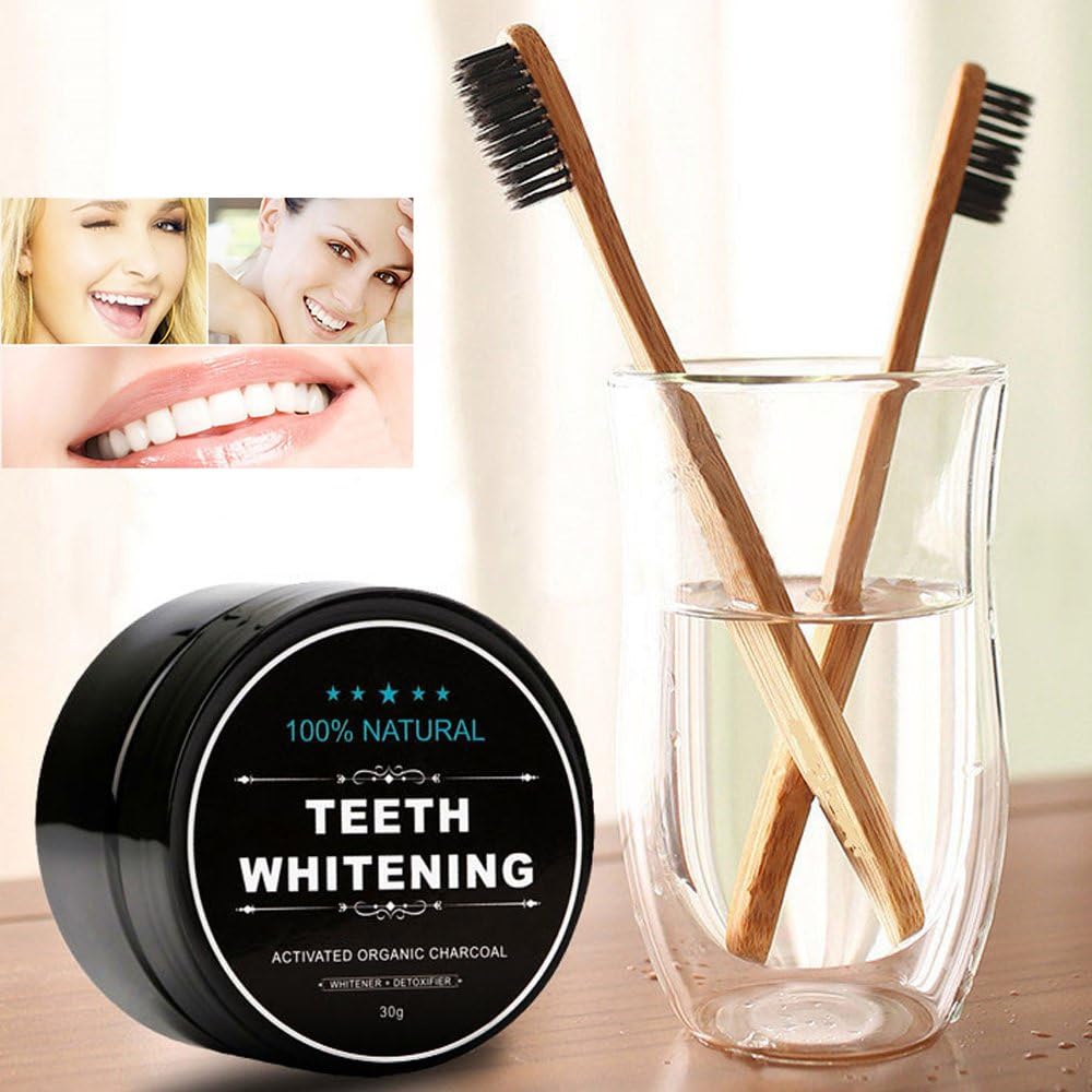 Natural Activated Charcoal Teeth Whitening Powder Duo with Bamboo Brush - Set of 2 for Oral Care by WUBLSYAN