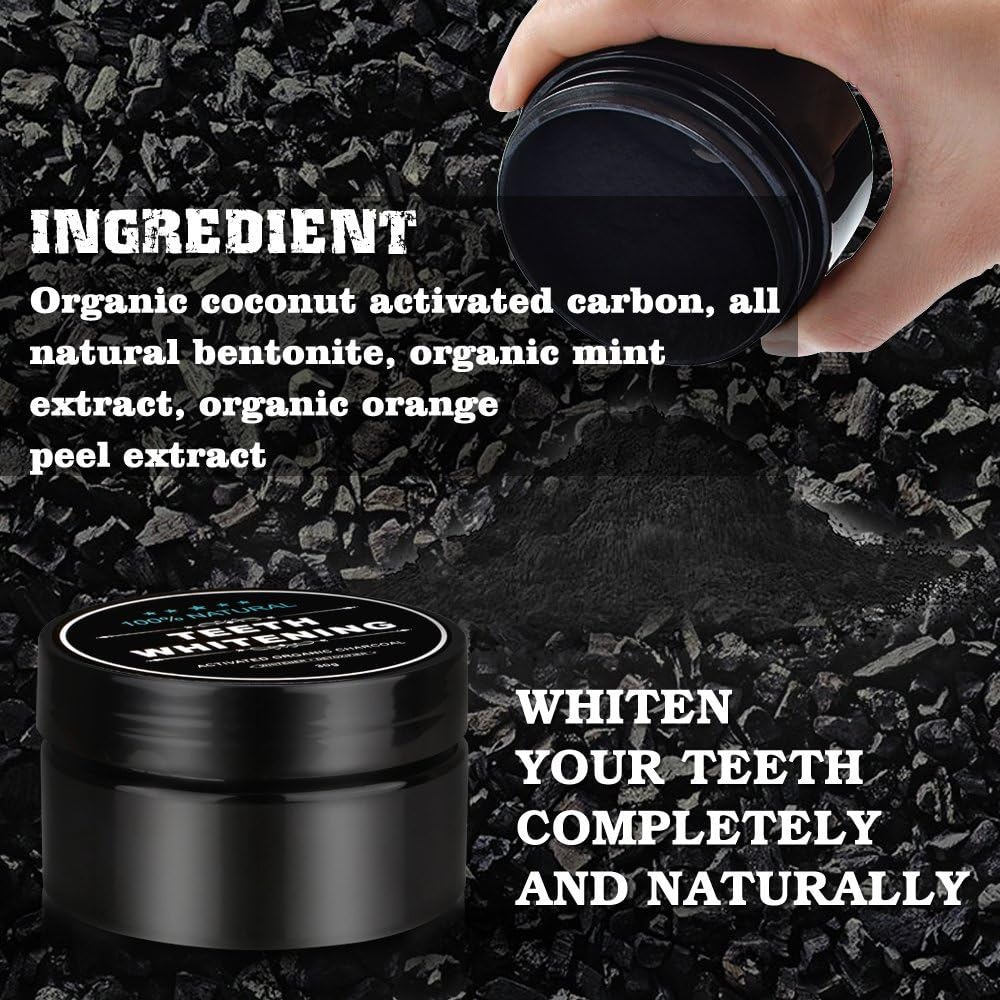 Natural Activated Charcoal Teeth Whitening Powder Duo with Bamboo Brush - Set of 2 for Oral Care by WUBLSYAN