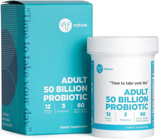 Natural Adult Probiotic with 50 Billion CFU, 12 Strains, 3 Prebiotics, Zinc - Digestive Health & Immune Support - 60 Veggie Capsules