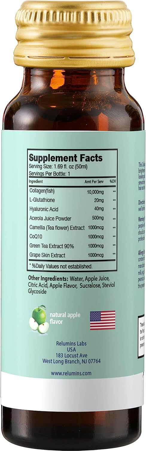 Natural Anti-Aging Collagen Beauty Drink with Glutathione, Hyaluronic Acid, CoQ10, EGCG, Resveratrol - Apple Flavor - Ten 50mL Drinks