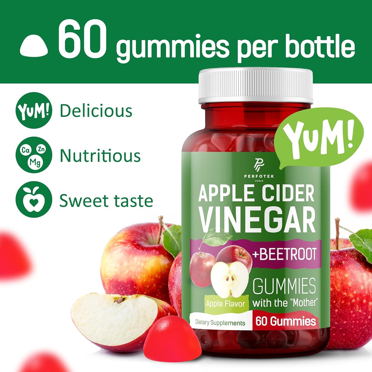 Natural Apple Flavor Apple Cider Vinegar Gummies - Keto Friendly - Vegan & Gluten Free - 60 Pieces