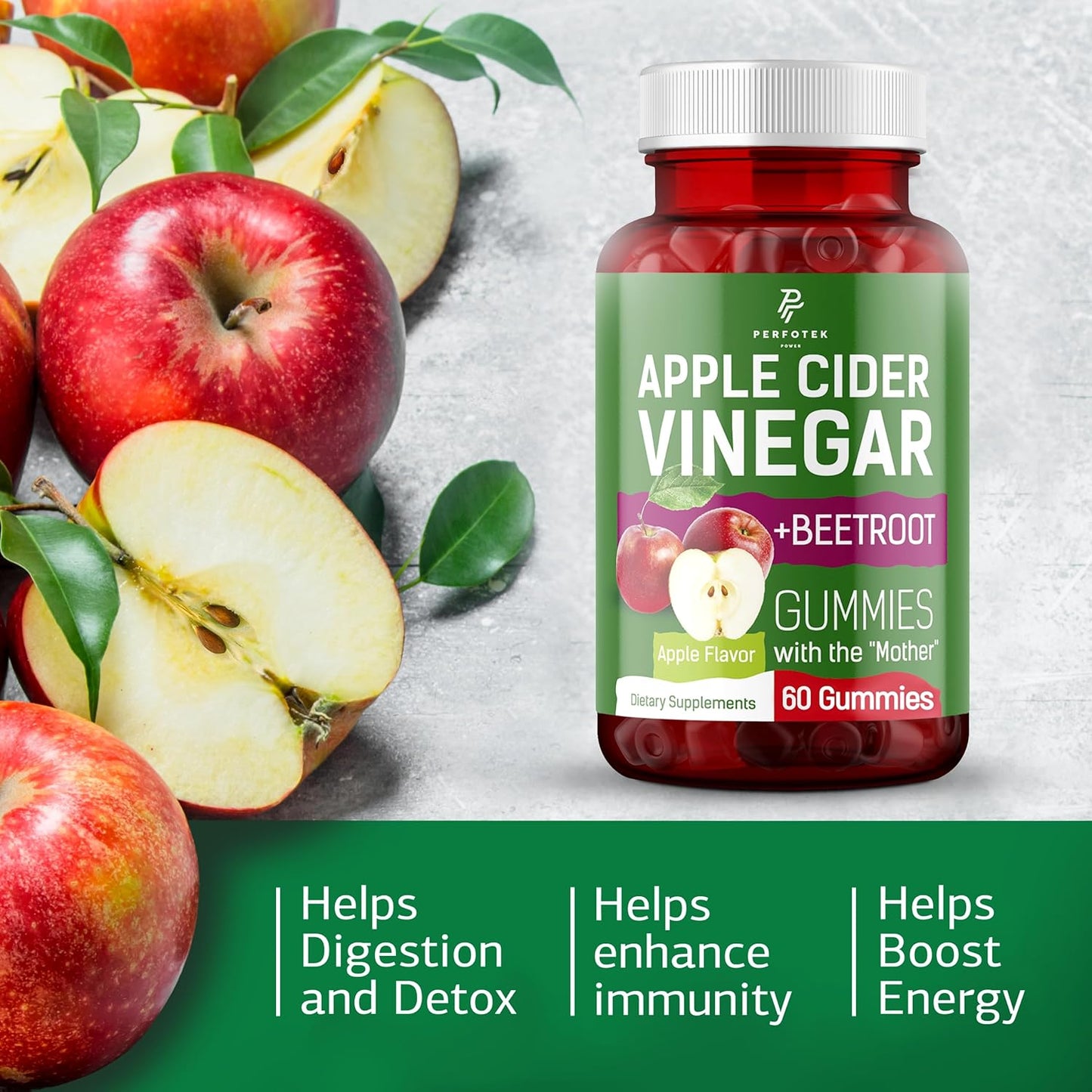 Natural Apple Flavor Apple Cider Vinegar Gummies - Keto Friendly - Vegan & Gluten Free - 60 Pieces