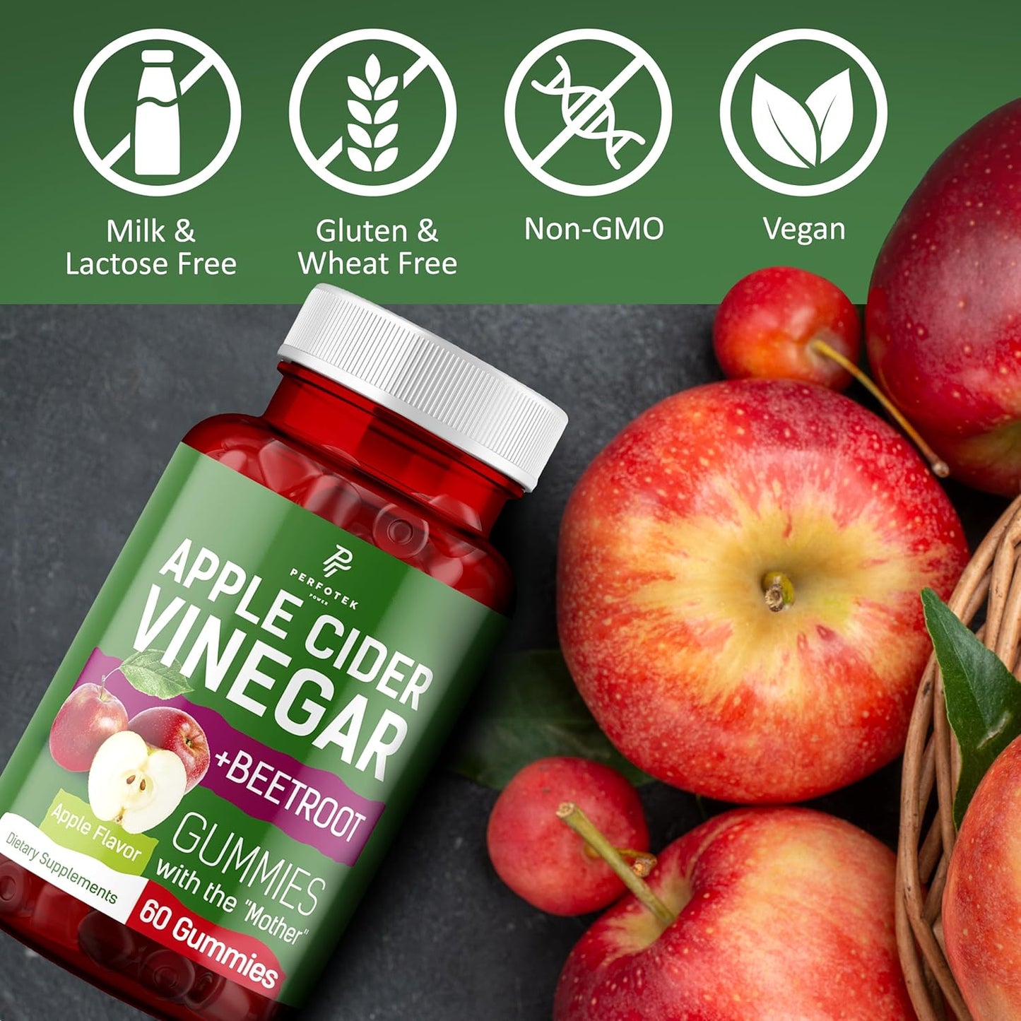 Natural Apple Flavor Apple Cider Vinegar Gummies - Keto Friendly - Vegan & Gluten Free - 60 Pieces