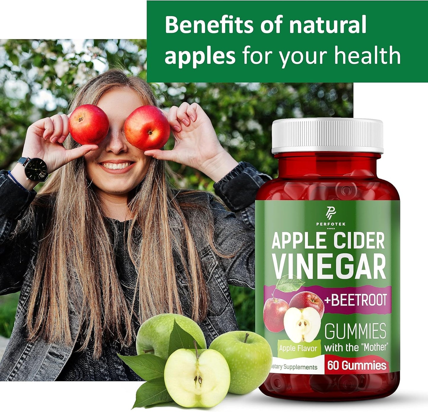 Natural Apple Flavor Apple Cider Vinegar Gummies - Keto Friendly - Vegan & Gluten Free - 60 Pieces