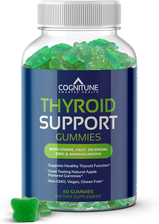 Natural Apple Flavor Thyroid Gummies Supplement with Iodine, Kelp, Ashwagandha - Non-GMO, Vegan, Gluten-Free - Supports Hypothyroidism in Men & Women