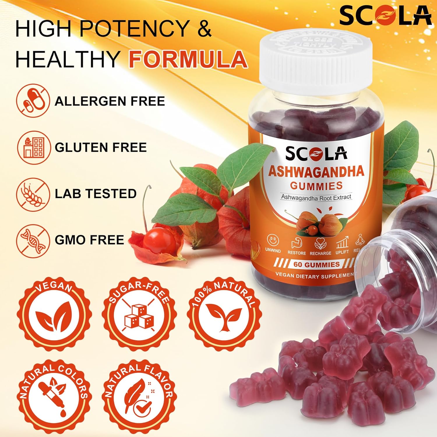 Natural Ashwagandha Gummies with Vitamin D & Zinc for Mood & Immune Support - Vegan, Non-GMO (120 Gummies)