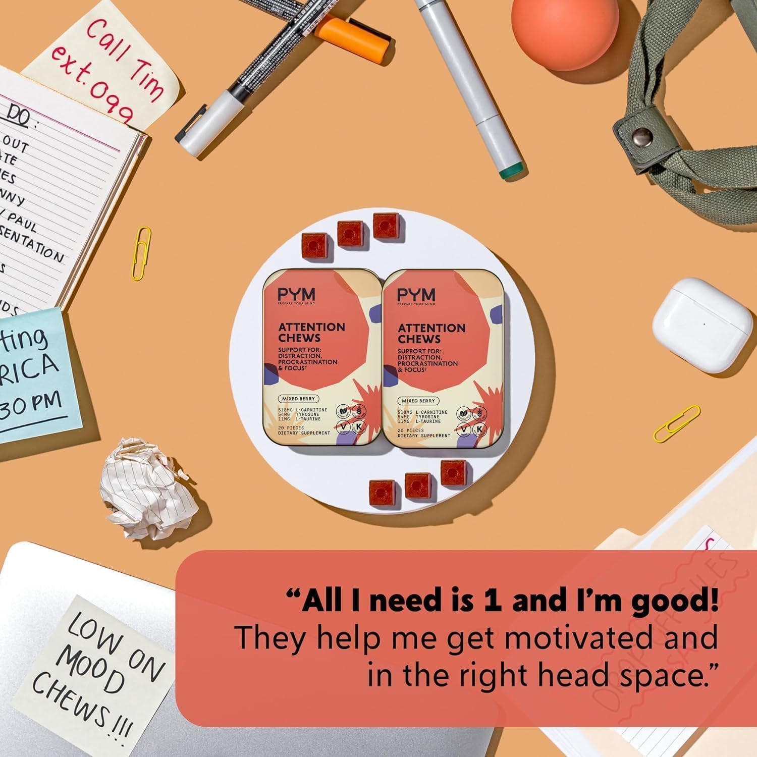 Natural Attention Chews for Procrastination, Focus & Productivity - 60 Count - Made in USA