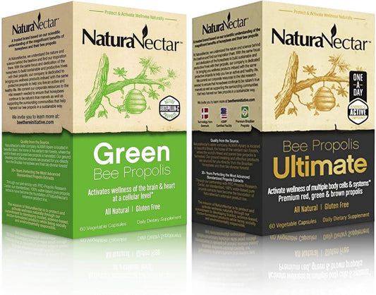 Natural Bee Propolis Bundle for Immune Support, Memory, and Focus - Green & Ultimate Propolis - 60 Capsules/bottle - NaturaNectar