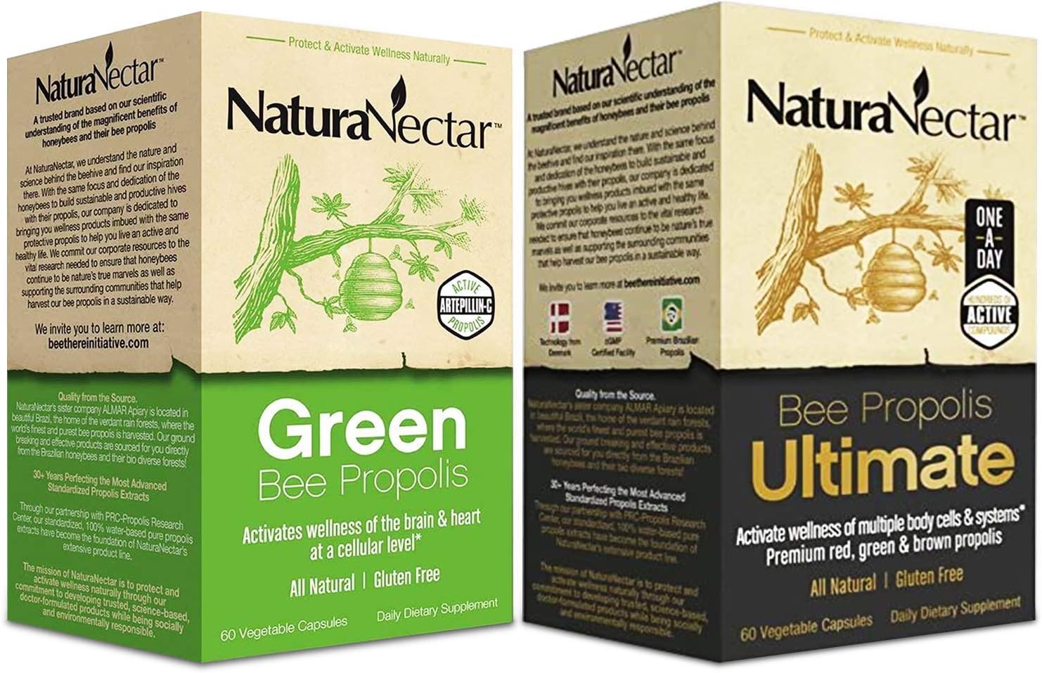 Natural Bee Propolis Bundle for Immune Support, Memory, and Focus - Green & Ultimate Propolis - 60 Capsules/bottle - NaturaNectar