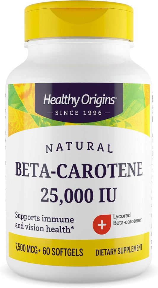 Natural Beta-Carotene Softgels - Immune & Vision Support - 25,000 IU (7,500 mcg) - Non-GMO & Gluten-Free - 60 Count