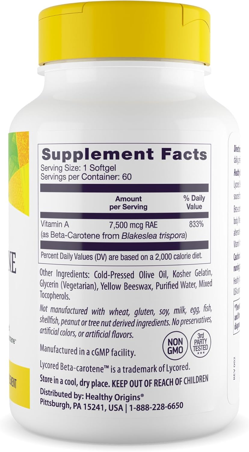 Natural Beta-Carotene Softgels - Immune & Vision Support - 25,000 IU (7,500 mcg) - Non-GMO & Gluten-Free - 60 Count
