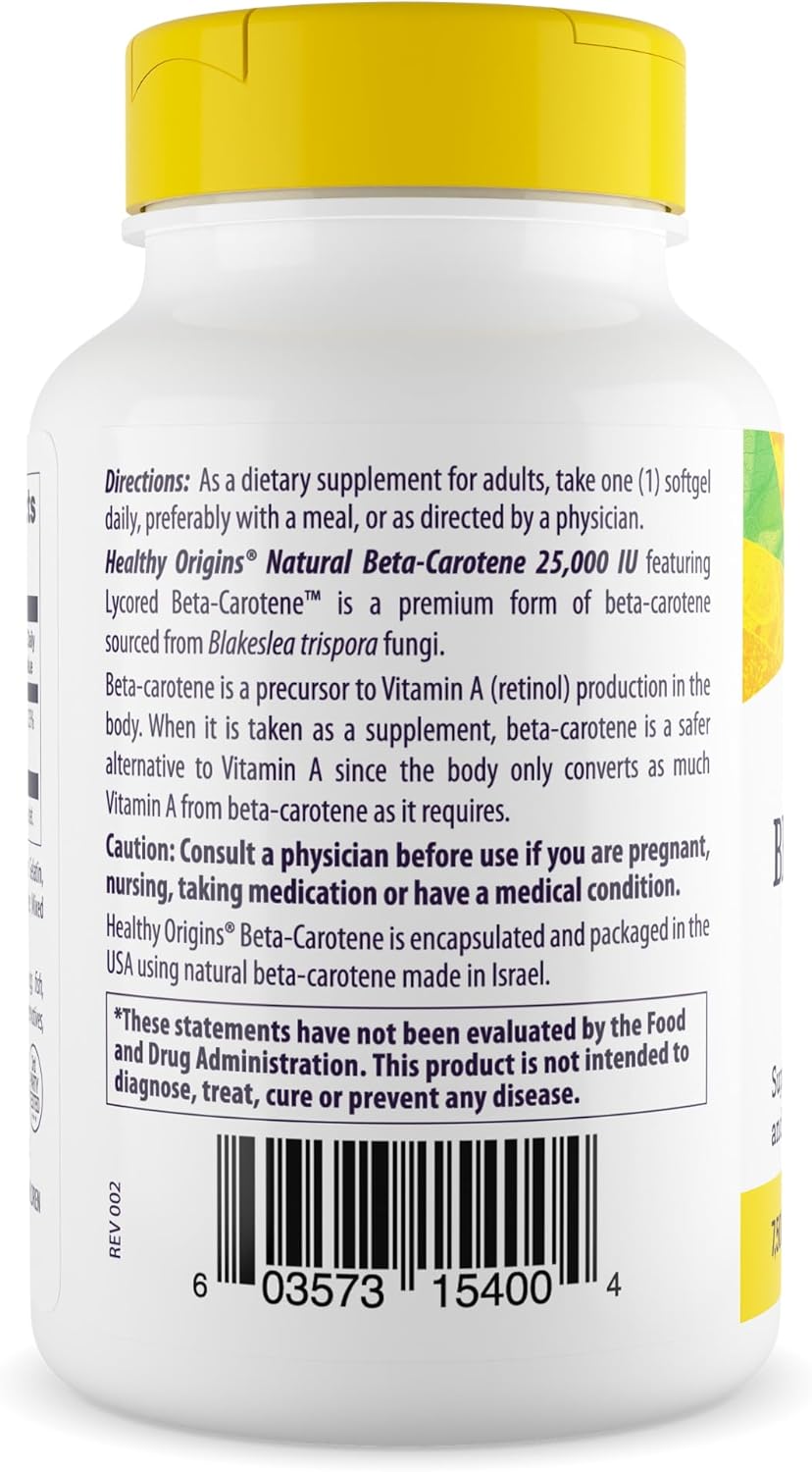 Natural Beta-Carotene Softgels - Immune & Vision Support - 25,000 IU (7,500 mcg) - Non-GMO & Gluten-Free - 60 Count