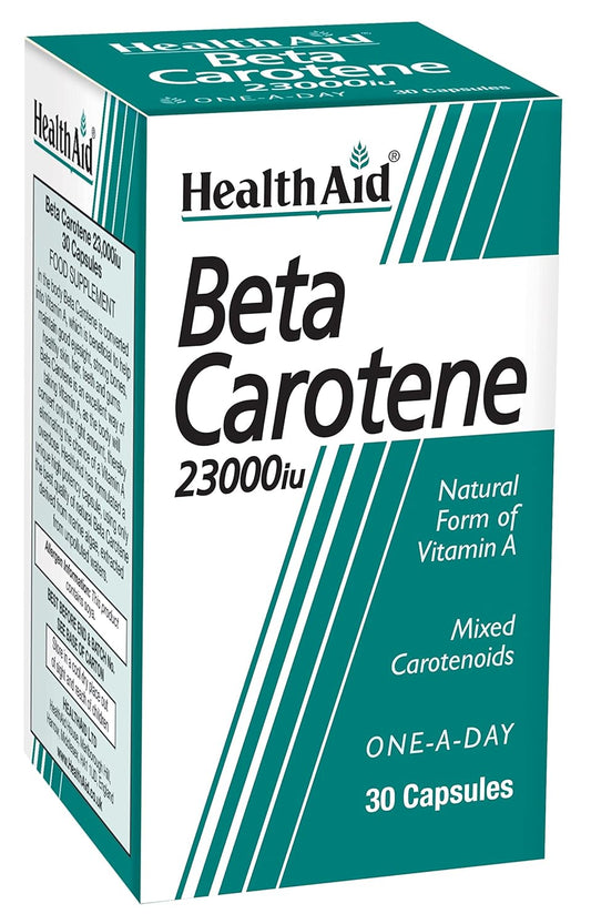 Natural Beta-Carotene Supplement 15mg - 30 Capsules by HealthAid for Overall Health and Wellness