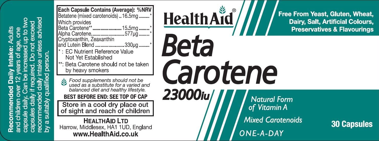 Natural Beta-Carotene Supplement 15mg - 30 Capsules by HealthAid for Overall Health and Wellness