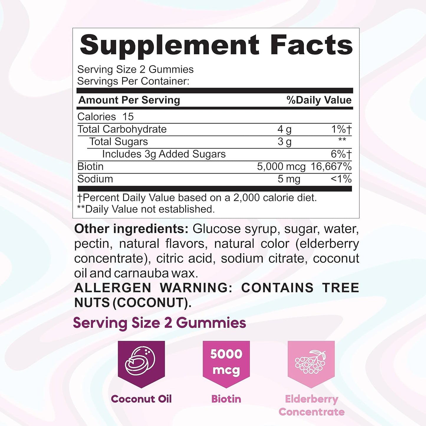 Natural Biotin Gummies with Elderberry & Coconut Oil - 5000 mcg B7 Vitamin for Hair Skin Nails - Gluten-Free, Vegetarian - 60 Strawberry Flavored Gummies