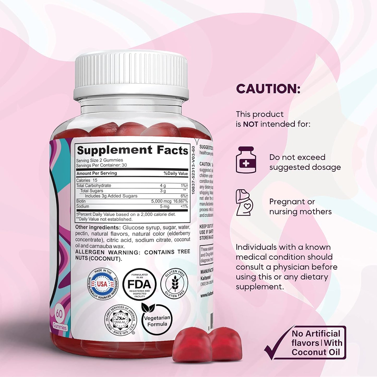 Natural Biotin Gummies with Elderberry & Coconut Oil - 5000 mcg B7 Vitamin for Hair Skin Nails - Gluten-Free, Vegetarian - 60 Strawberry Flavored Gummies