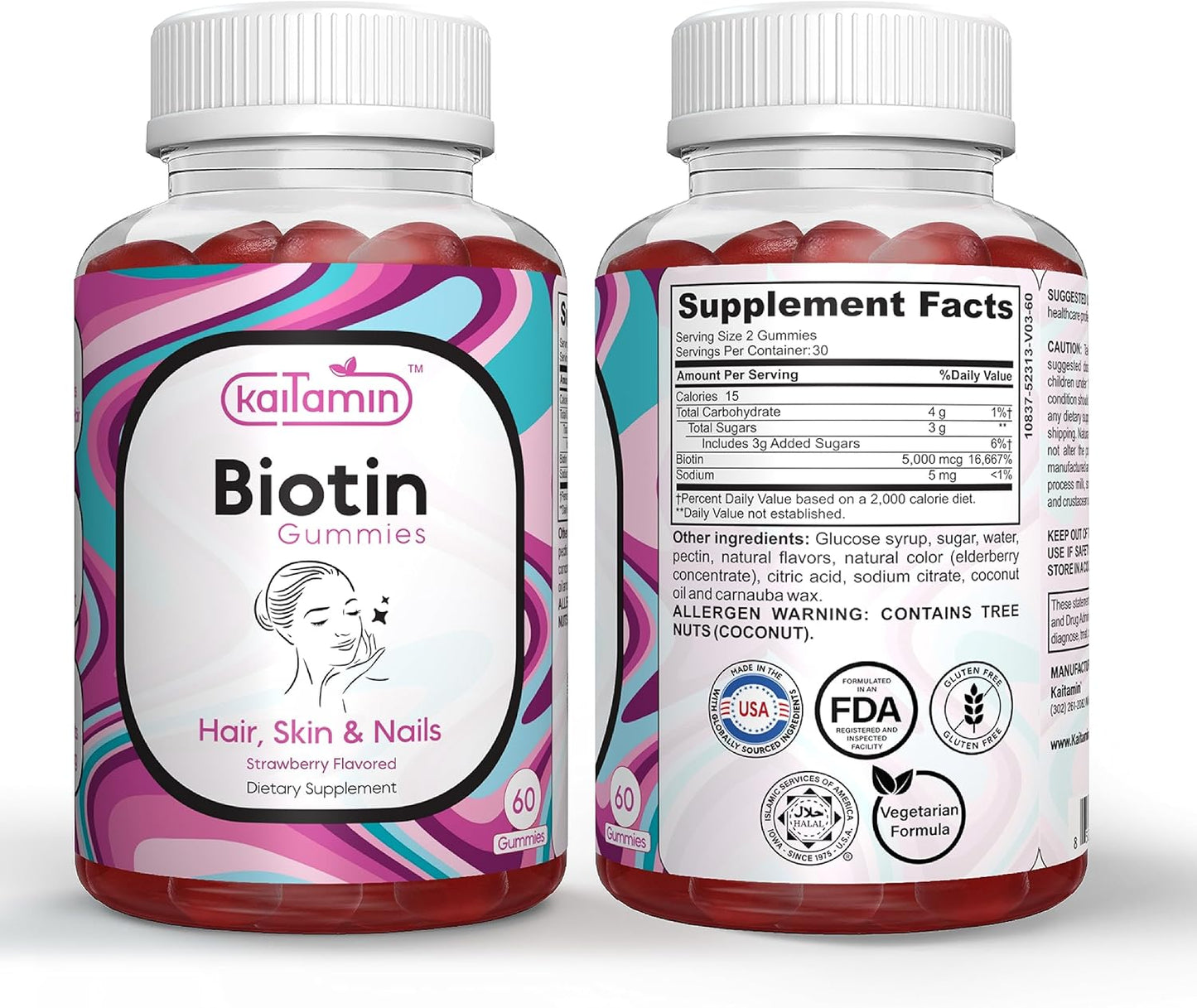 Natural Biotin Gummies with Elderberry & Coconut Oil - 5000 mcg B7 Vitamin for Hair Skin Nails - Gluten-Free, Vegetarian - 60 Strawberry Flavored Gummies