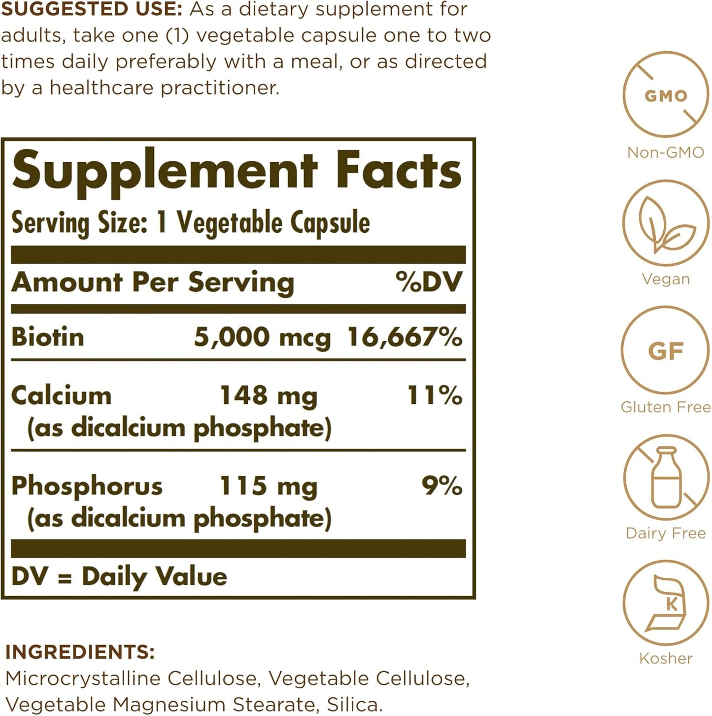 Natural Biotin Supplement for Healthy Skin, Nails, & Hair - 5000 mcg - 100 Vegan Capsules - Non-GMO, Gluten-Free, Dairy-Free - 100 Servings