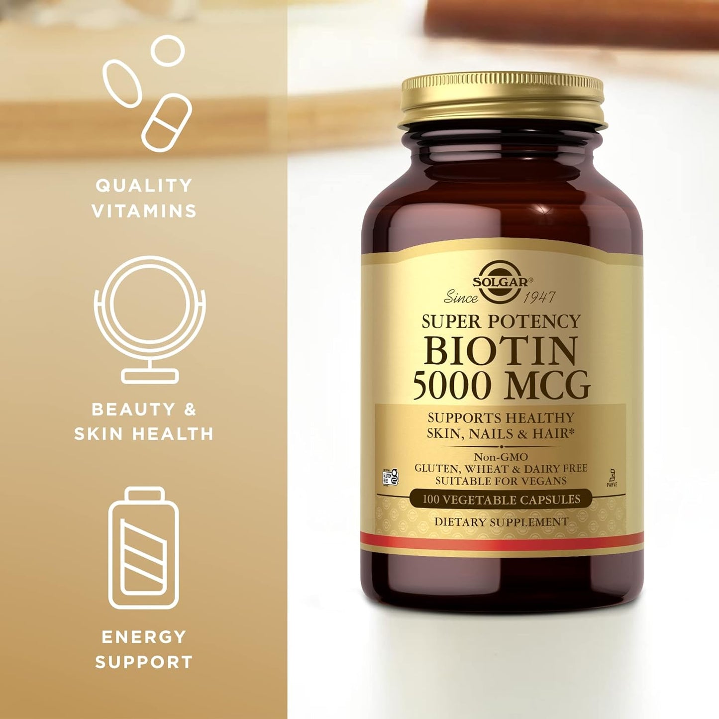 Natural Biotin Supplement for Healthy Skin, Nails, & Hair - 5000 mcg - 100 Vegan Capsules - Non-GMO, Gluten-Free, Dairy-Free - 100 Servings