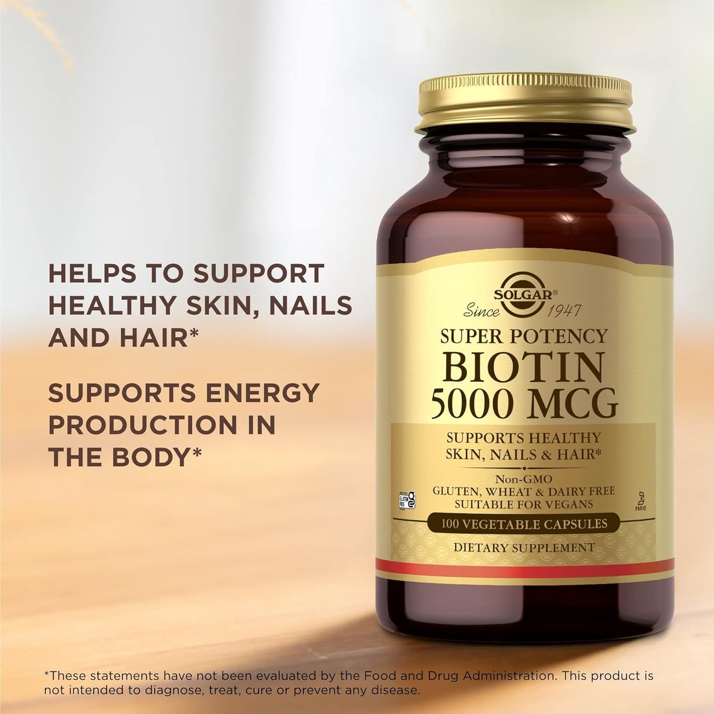 Natural Biotin Supplement for Healthy Skin, Nails, & Hair - 5000 mcg - 100 Vegan Capsules - Non-GMO, Gluten-Free, Dairy-Free - 100 Servings