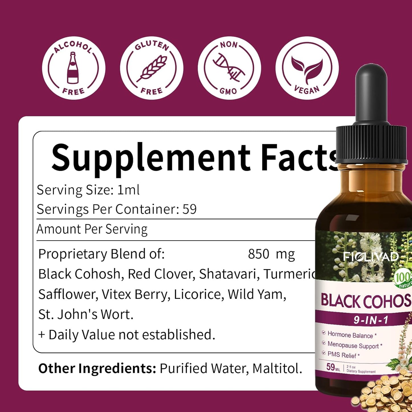 Natural Black Cohosh Extract Herbal Drops for Hormone Balance, Menopause & PMS Relief - 2oz