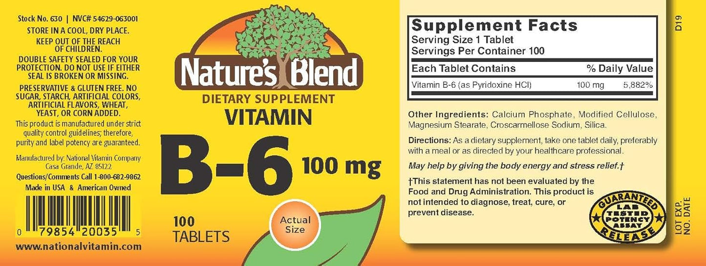 Natural Blend Vitamin B-6 Tablets 100mg - Pack of 100