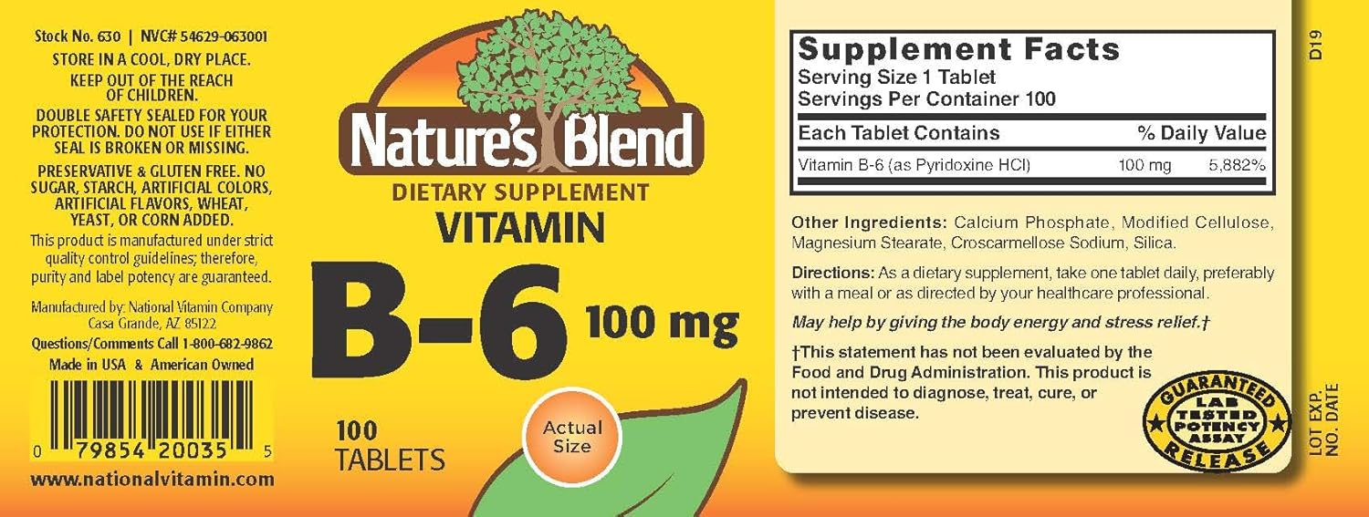 Natural Blend Vitamin B-6 Tablets 100mg - Pack of 100